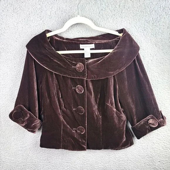 Mandarin Blue Jacket Womens 6 Chocolate Brown Velvet Crop Jackie Kennedy Retro - Picture 1 of 10